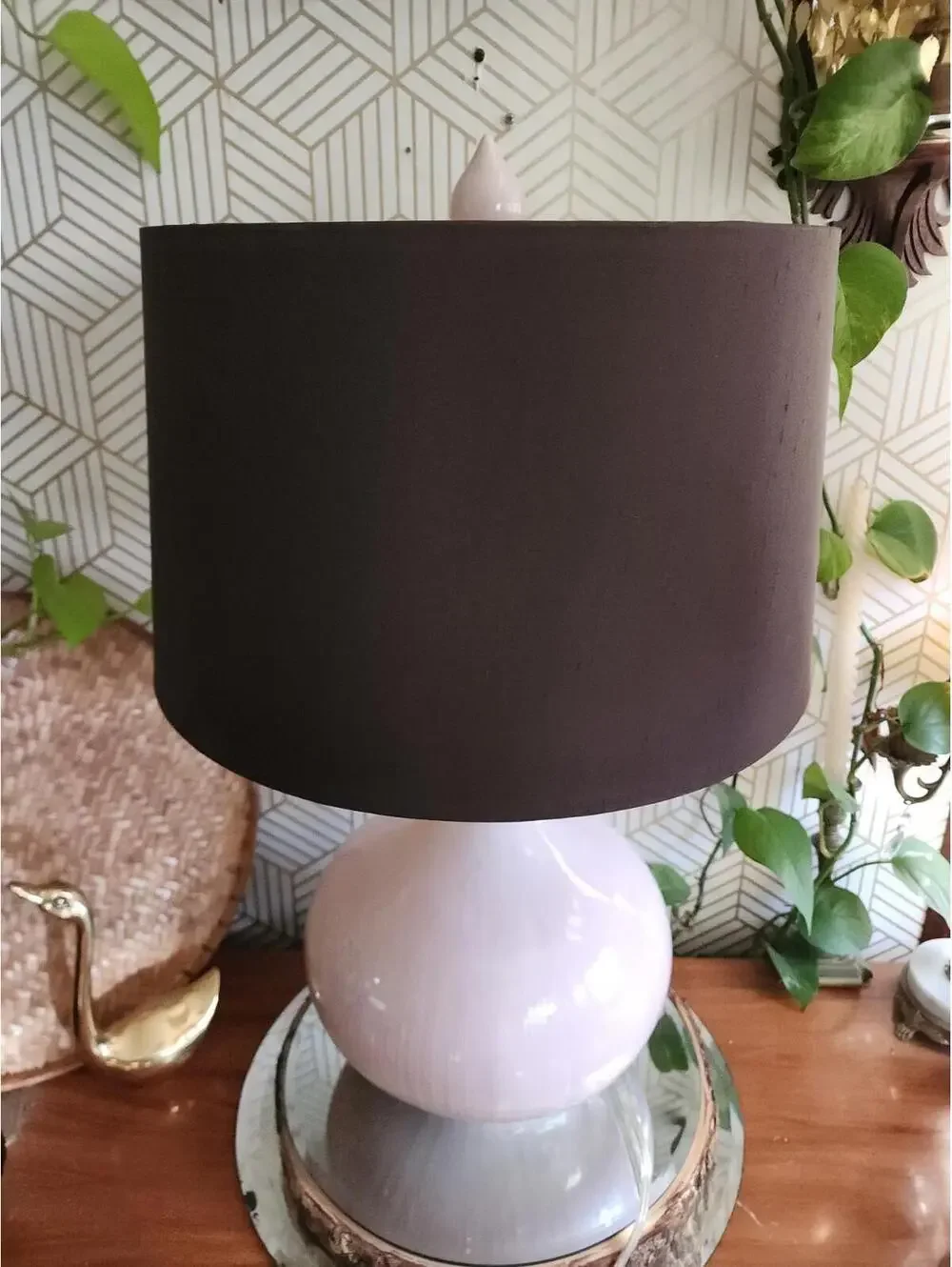 Vintage Large Pink Ceramic Table Lamp With Drum Shade And Ceramic Finial